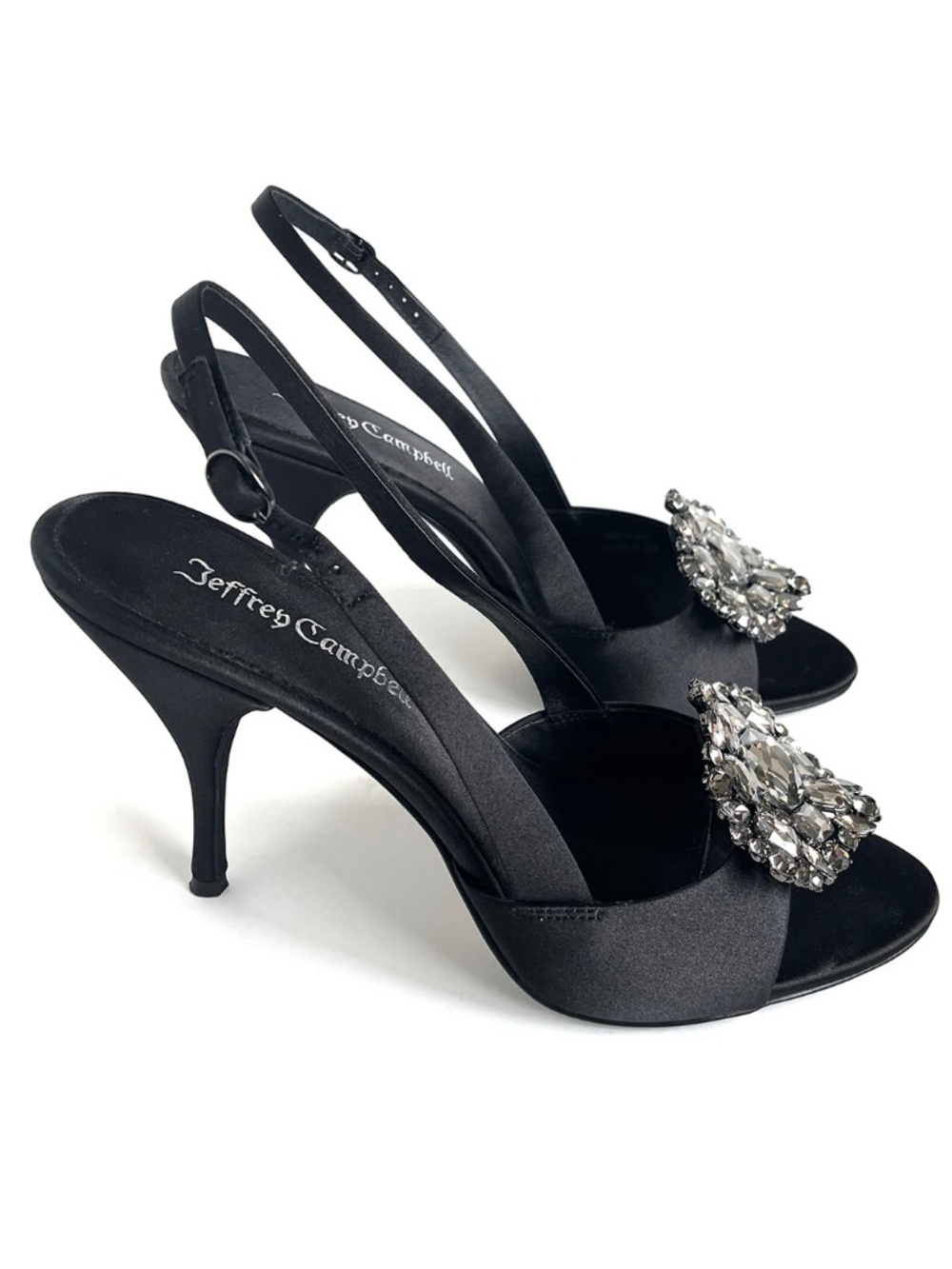 Jeffrey Campbell Black Satin Slingback Heels with Crystal Buckle